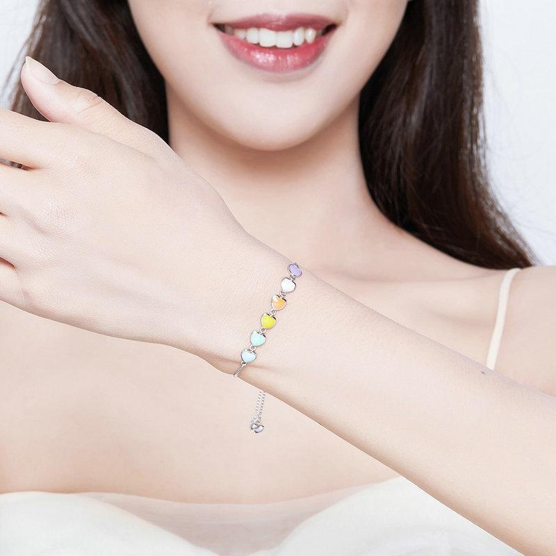 Rainbow Hearts Lovely 925 Sterling Silver Bracelet - Aisllin Jewelry