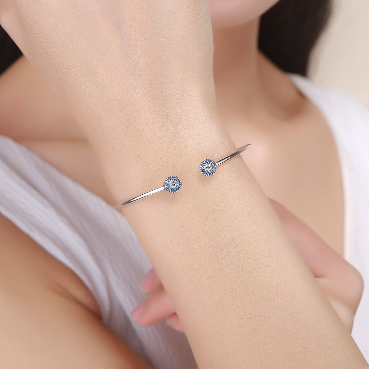 Blue Eyes Open Cuff 925 Sterling Silver Bracelet - Aisllin Jewelry
