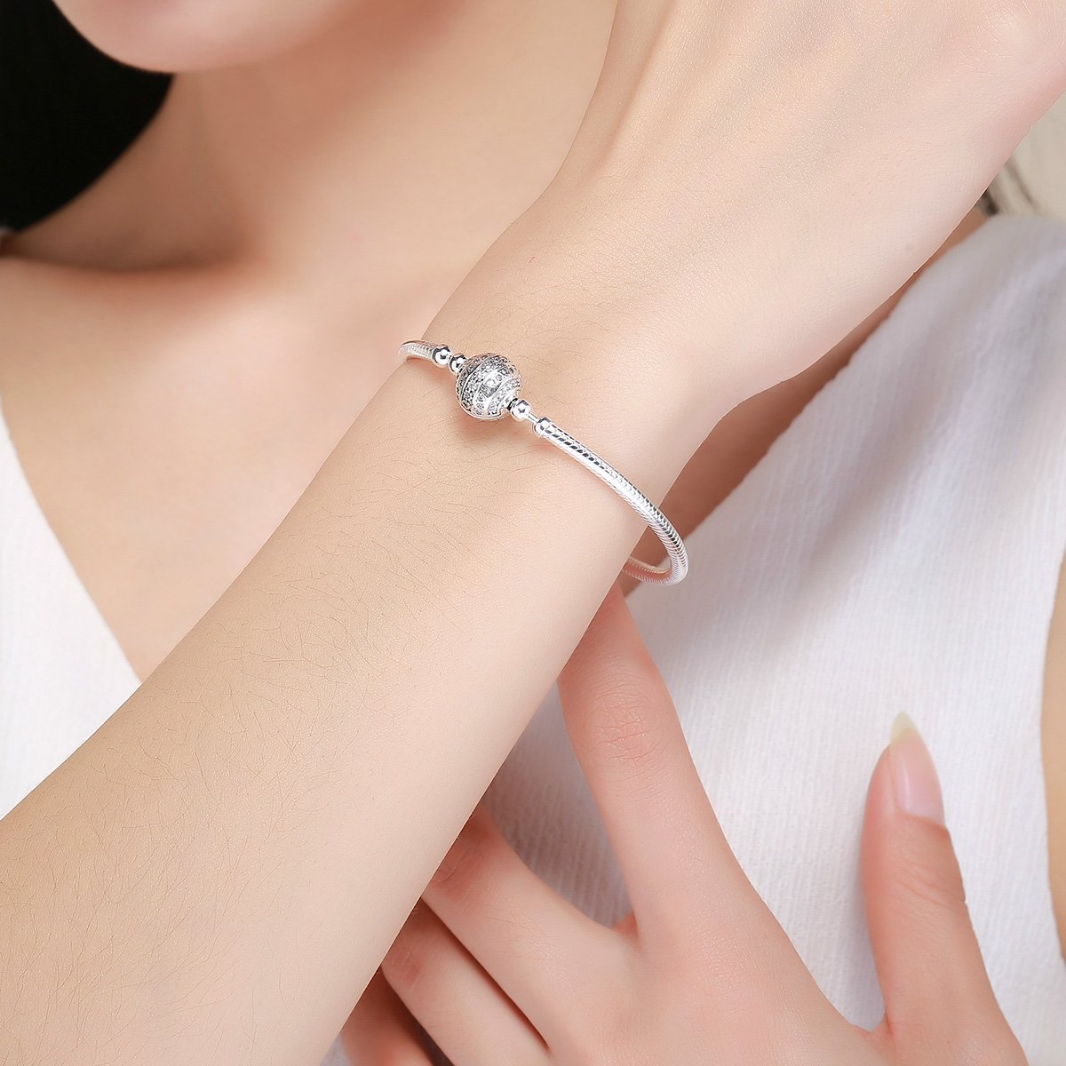 Clear Round Claps Snake Chain Elegant 925 Sterling Silver Bracelet - Aisllin Jewelry