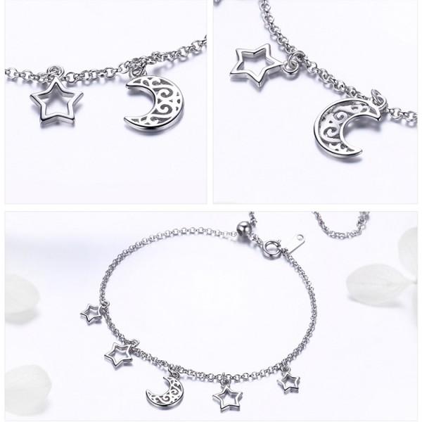 Moon And Star Chain Link Lovely 925 Sterling Silver Bracelet - Aisllin Jewelry