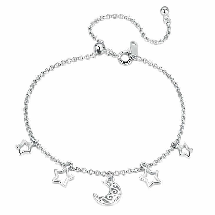 Moon And Star Chain Link Lovely 925 Sterling Silver Bracelet - Aisllin Jewelry