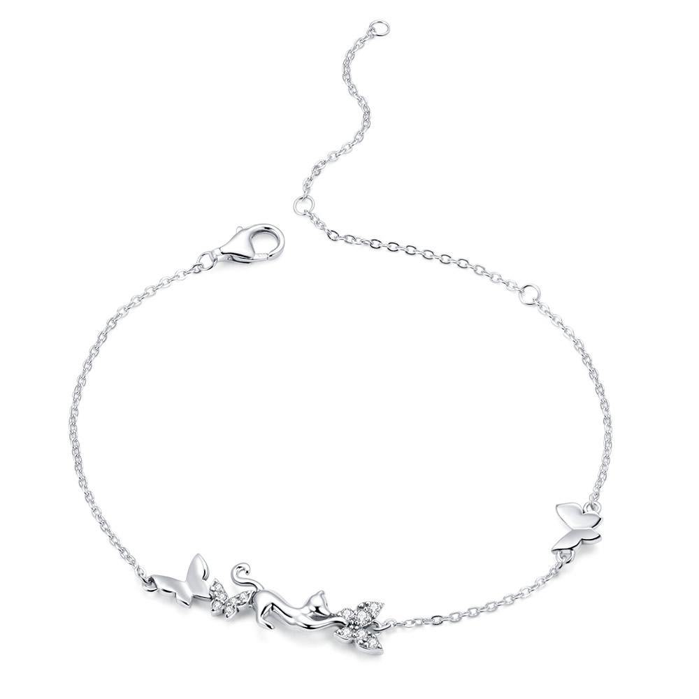 Cat and Butterflies 925 Sterling Silver Bracelet - Aisllin Jewelry